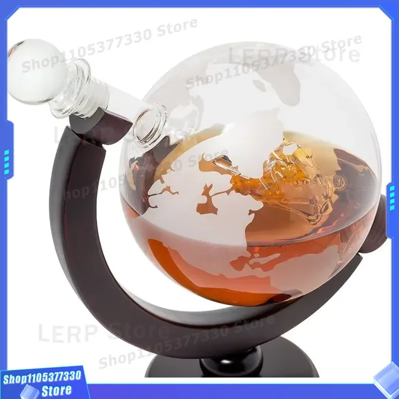 28oz Spherical Glass Whiskey Bottle Set with Wooden Base for Wine Spirits Home Bar Decor Premium Quality Clear Glass Decanter