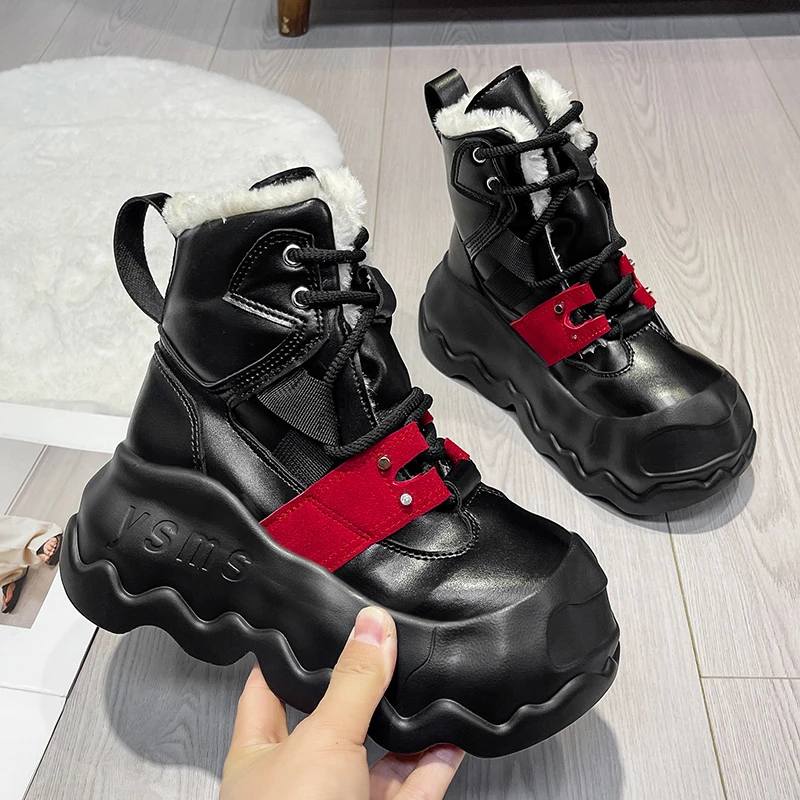 Warm Snow Boots for Women 2025 Winter Plush Cotton Padded Shoes Woman 8CM High Heels Leather Ankle Booties Chunky Platform Shoes