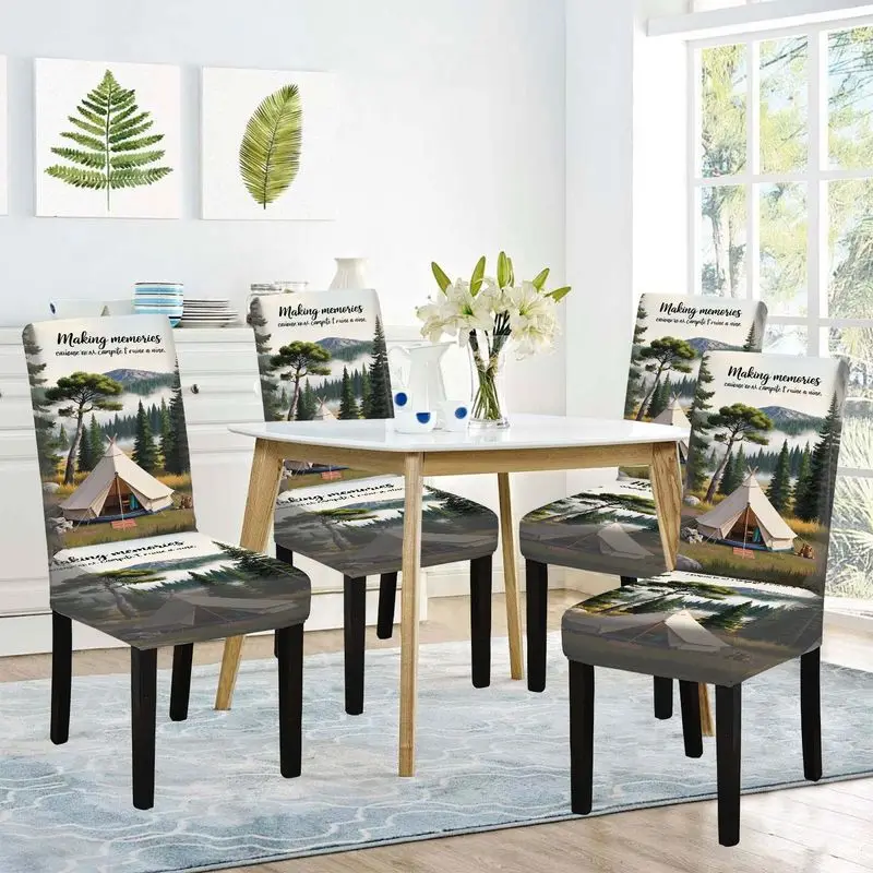 

Flat Printed Dining Chair Cover Tranquil Forest Camping View Pattern Reusable Washable Home Dining Chair Protector