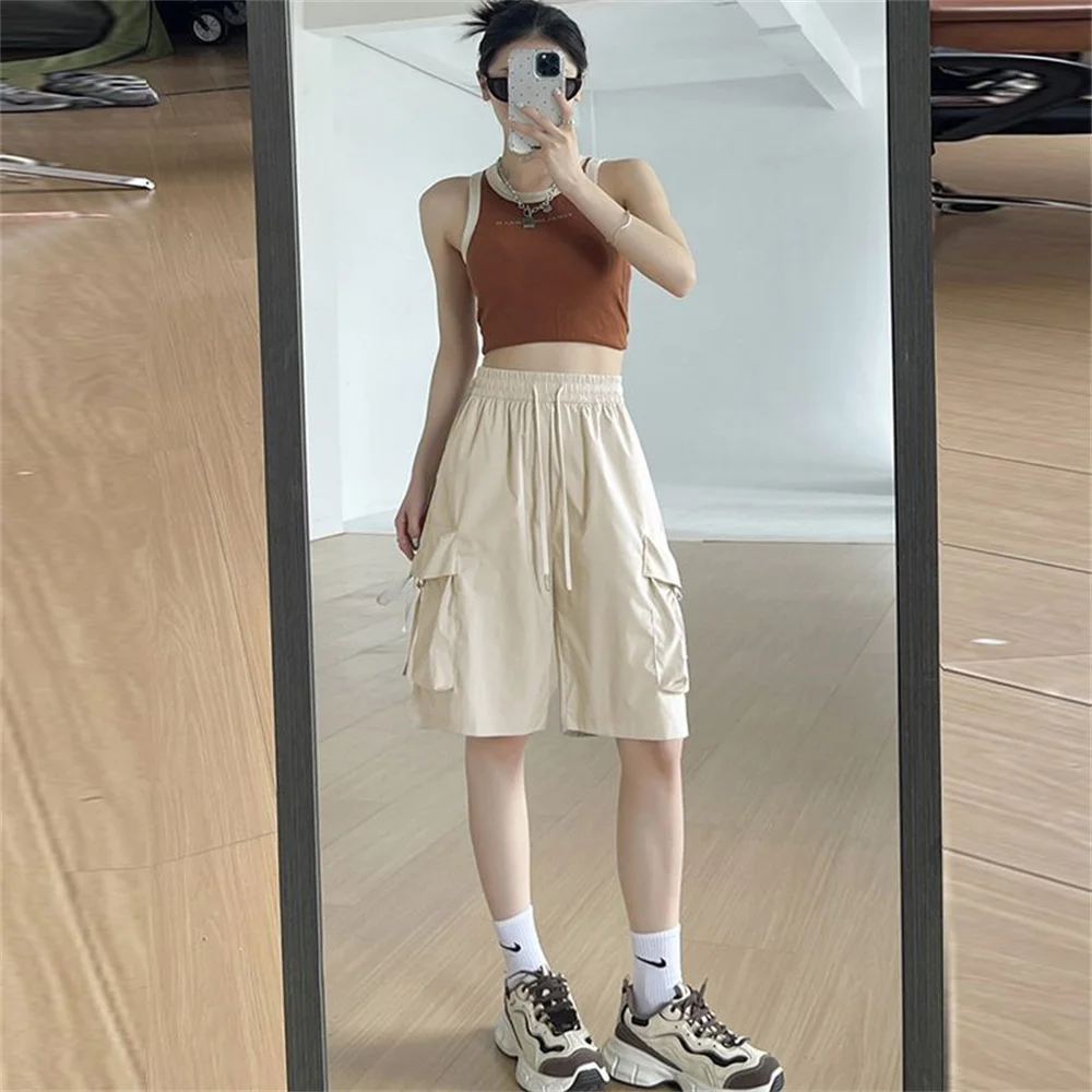 Athletic Cargo Short Black Elastic Waist Drawstring Multi Pockets Loose Knee Length Breathable Shorts Workout Hike Travel Summer