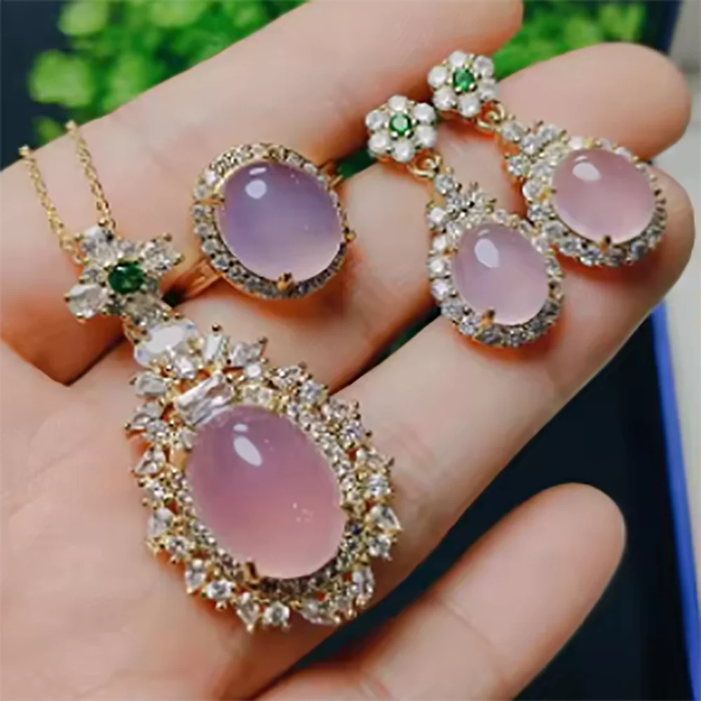 

Women Pink Jade Jewelry Set Genuine Myanmar Jadeite Emerald Zircon Oval Pendant Necklace Earring Ring Jade Luxury Jewelries Sets