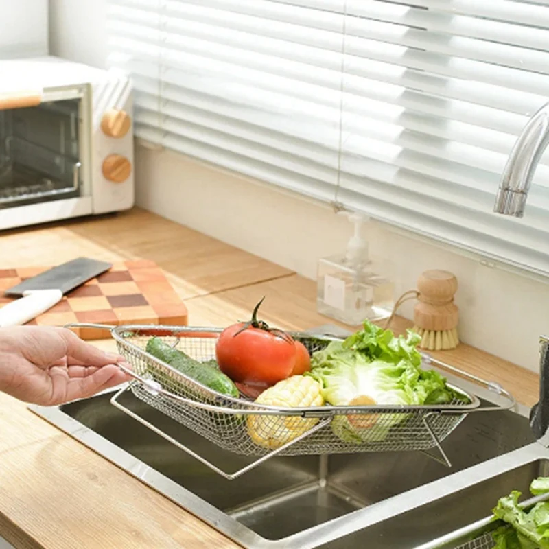 Stainless Steel Retractable Drain Basket Grip Handles Oval Colander Sink Vegetables Draining Rack Home Storage Basket