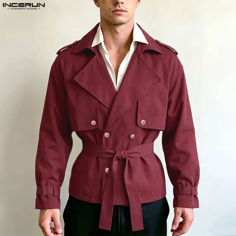 INCERUN Men's Trench Solid Lapel Long Sleeve Loose Double Breasted Coats For Man With Belt Streetwear Fashion Casual Windbreaker