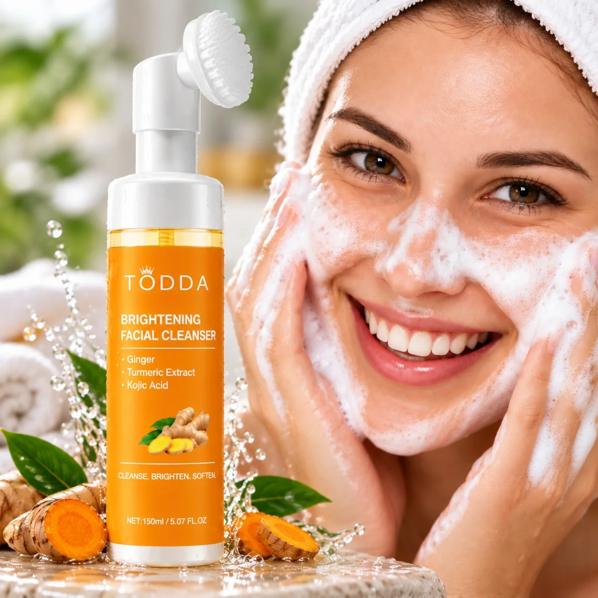 TODDA 150ml Turmeric Face Cleanser with Brush Head, Vitamin C Foaming Facial Wash, Hydrating Moisturizing Cleanser, Rich Foam Fa