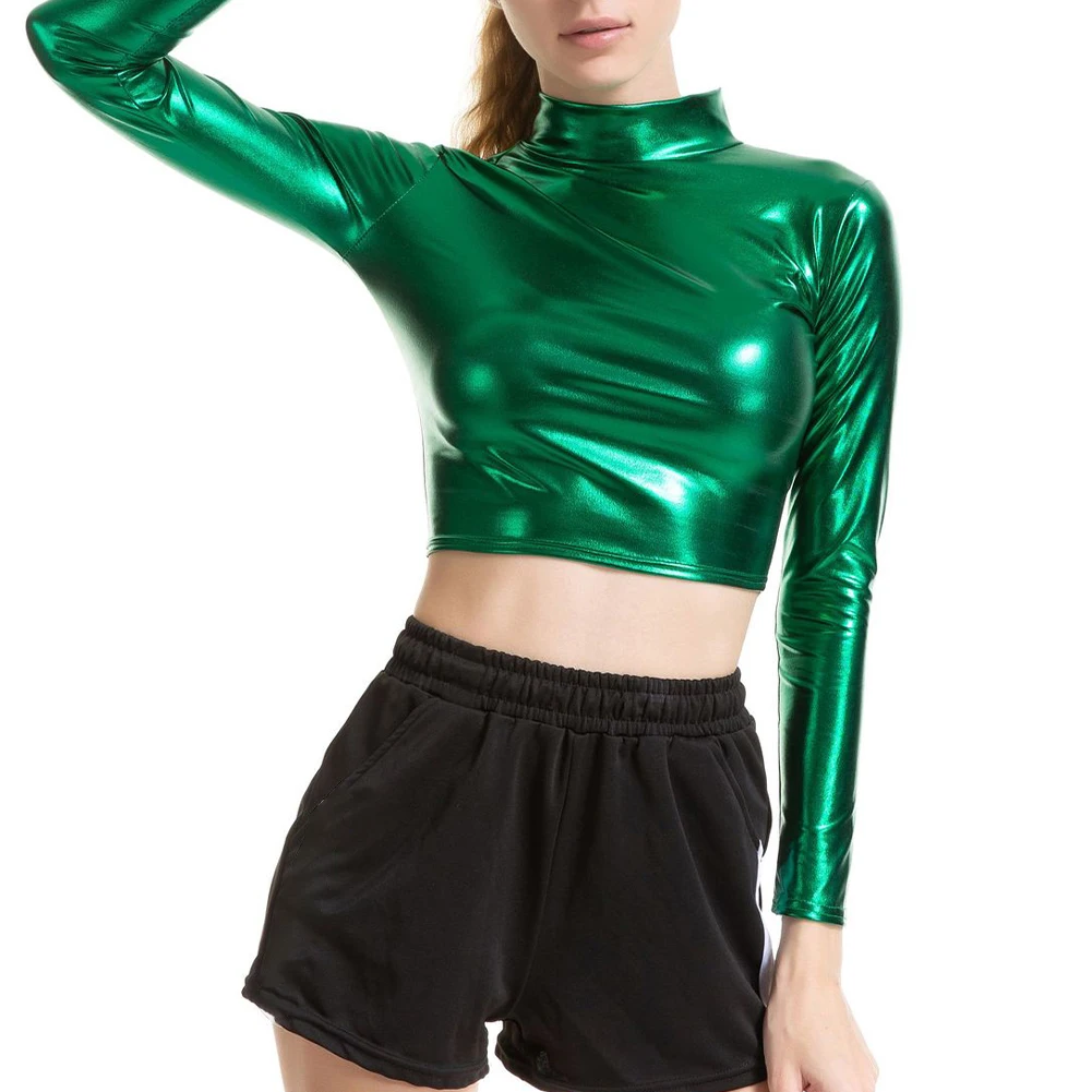 

Women's Sexy Shiny Wet Look Mock Neck Long Sleeve Crop Top Dance Clubwear Ladies Fashion Tights Tees Breathable T-Shirts
