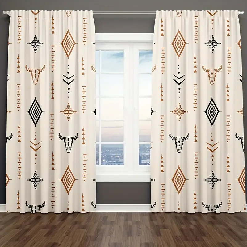2 cortinas bohemias con estampado de calavera de toro Tribal, diseñadas para filtrar la luz, material de calidad, ideales para el hogar de estilo occidental
