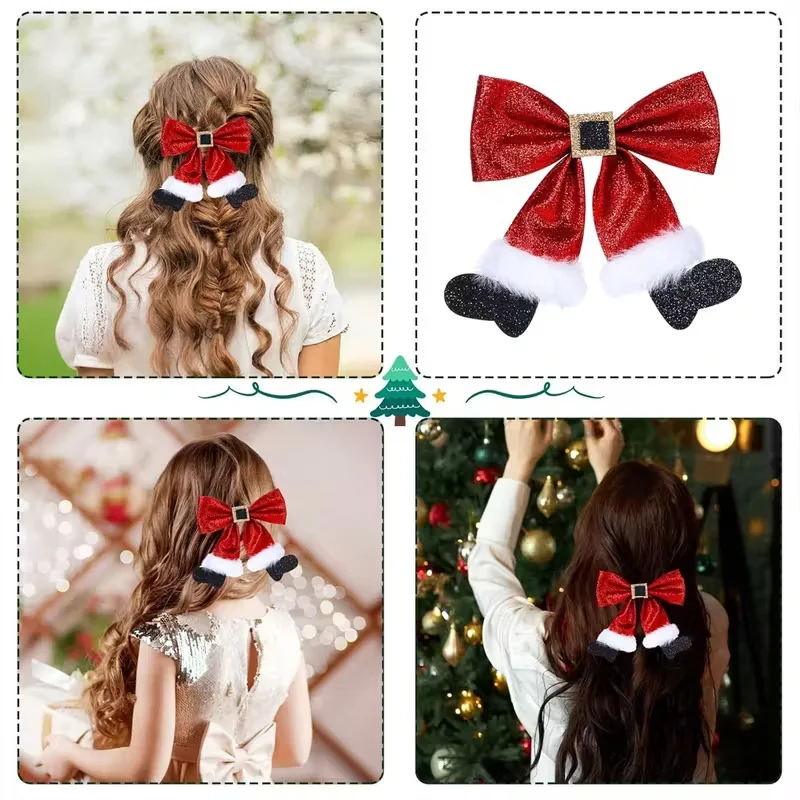 1 Weihnachts-Haarspange – glänzende rote Schleife mit goldener Schnalle und Weihnachtsmützen-Anhänger, glänzende Entenschnabel-Haarspange für Damen, für festliche Anlässe. – Detail 1