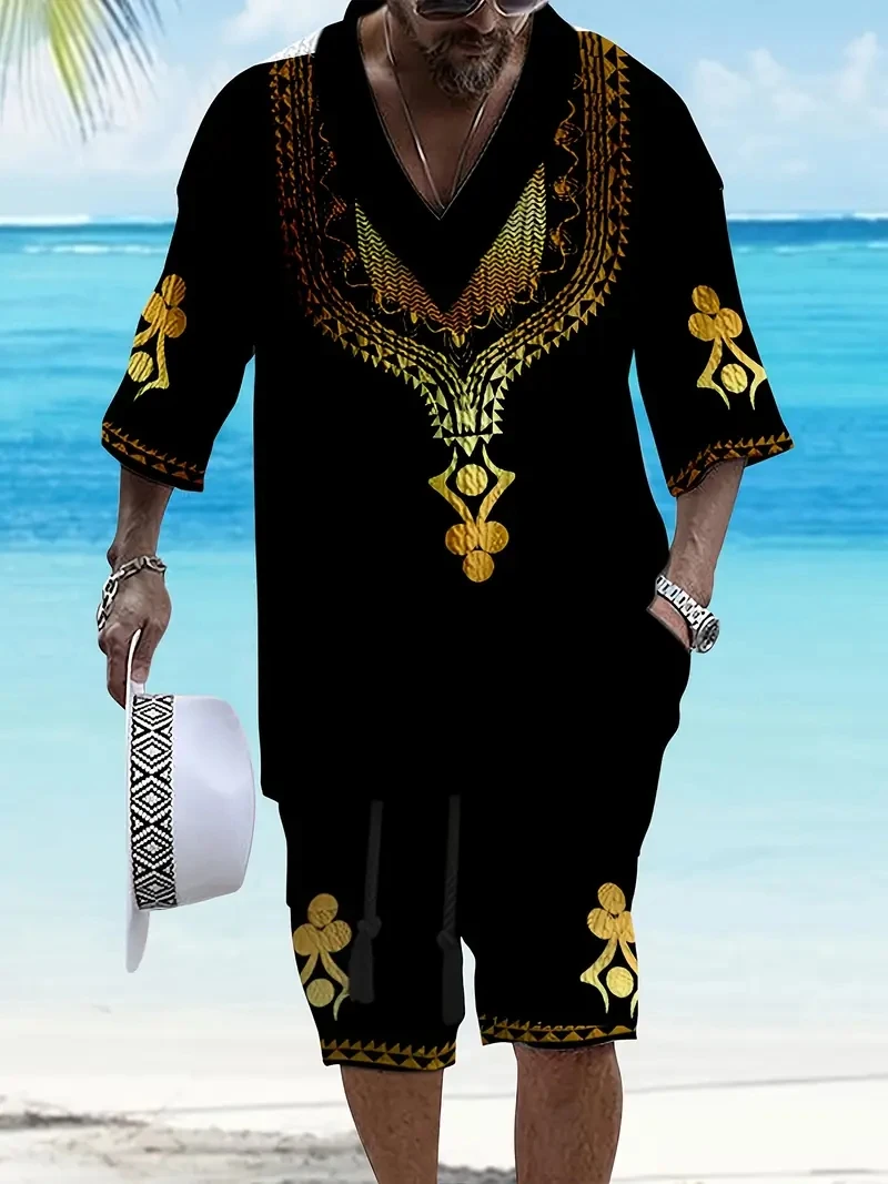 

2024 Spring and Summer Casual Shorts Set Knitted Two Piece Men's V-neck Short Sleeve T-shirt and Shorts Street Wear Knitted Set