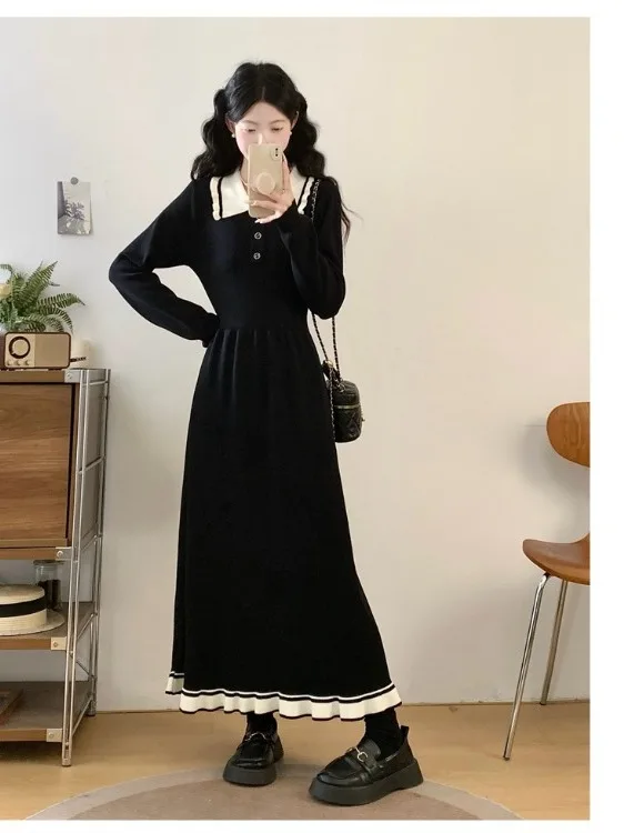 

Sweet Sle plus Size Women's Dr with Puff Collar in Autumn Winter High Waist A-Line Skirt Long Sve Button Detail