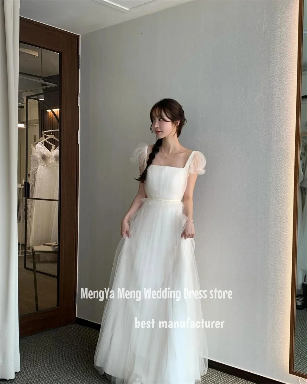 ZHUISHU Semplice colletto quadrato A Line Tulle Abiti da sposa Corea Servizio fotografico Maniche corte Lunghezza pavimento Abiti da sposa Personalizzati