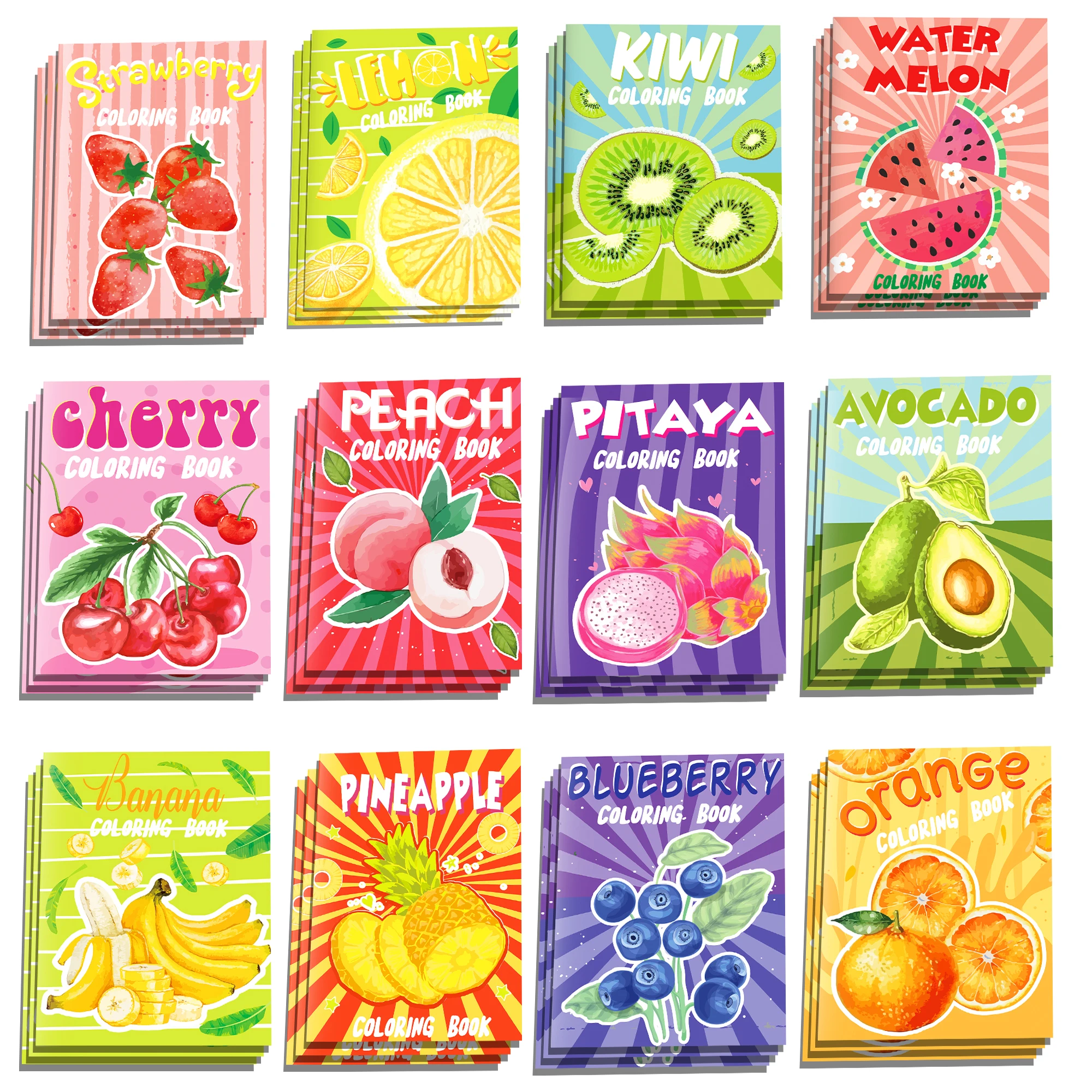6/12/24Pcs Fruit Mini Coloring Books Strawberry Watermelon Pineapple Drawing Activity Book Birthday Party Goodie Bag Fillers