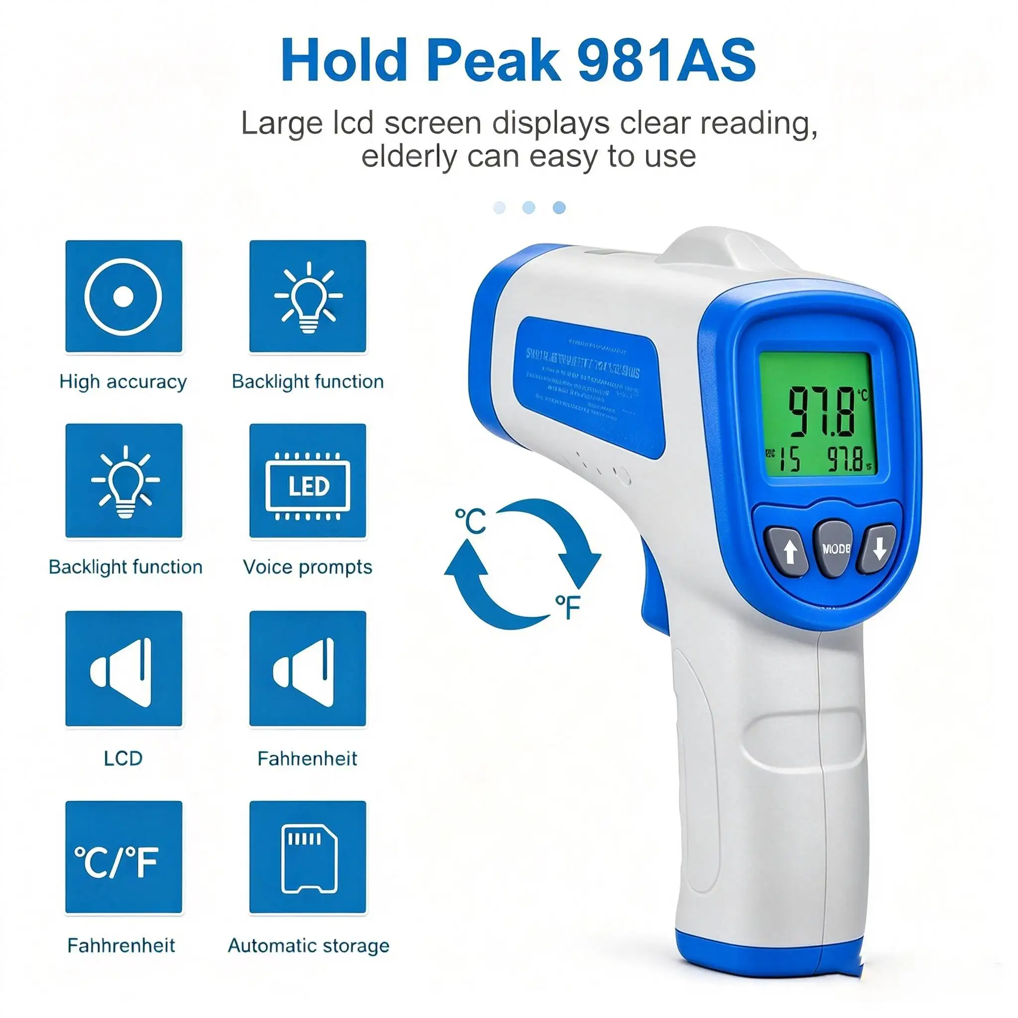 HP981AS Non-contact Infrared Temperature Gun -50~380℃ Laser Pyrometer with Memory Backlight for BBQ Grill Pizza Oven Car Engine