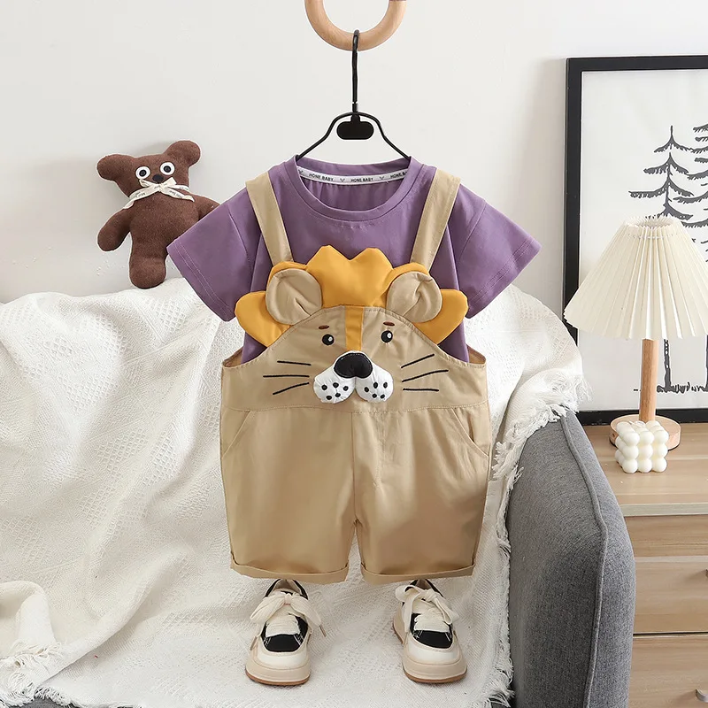 Children Summer Kids Boys 2PCS Clothes Set Cotton Cartoon Lion Tops T-shirt Suspender Pants Suit Toddler Baby Boys Outfits