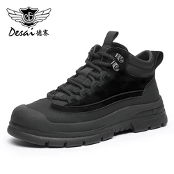 DESAI Brand Full Grain Leather Mens Boots Hiking Shoes Casual Breathable Fashion Outdoor Jogging Trekking Winter 2023