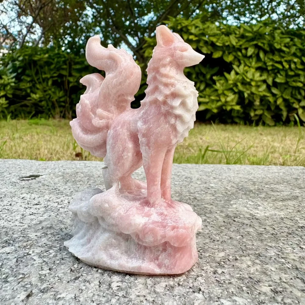 9cm Natural Quartz Pink Opal Nine-Tailed Fox Statue Crystal Animal Figurine Healing Stone Home Desktop Decor Lucky Gift