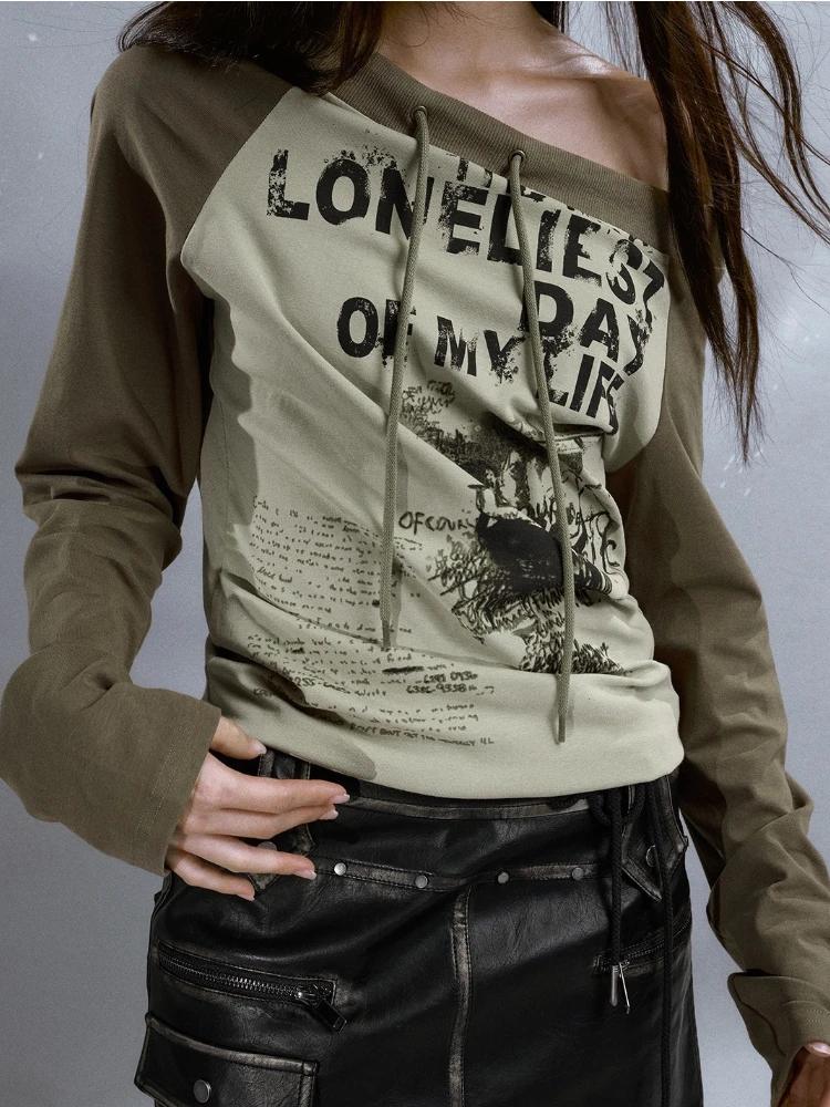 Graphic Print Long Sleeve Tees Gothic Grunge Gray Off Shoulder T Shirts Women Harajuku Vintage Y2K Tops Kpop Aesthetic