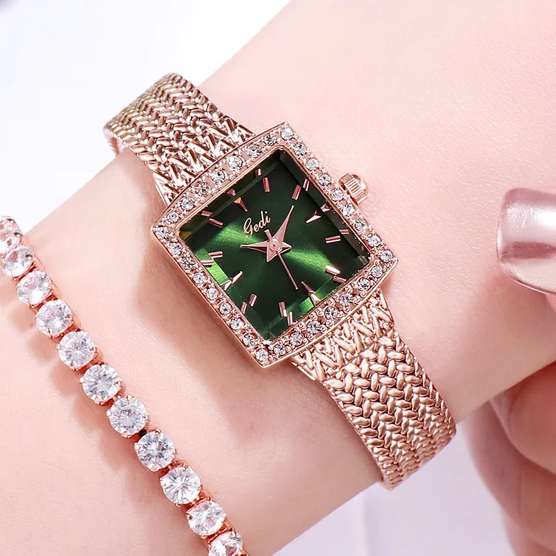 2024 Fashion Gedit Top Brand Mesh Steel Retro Square Women\'s Luxurious Diamond Inlaid High-end Sense Quartz Gifts Wrist Watches