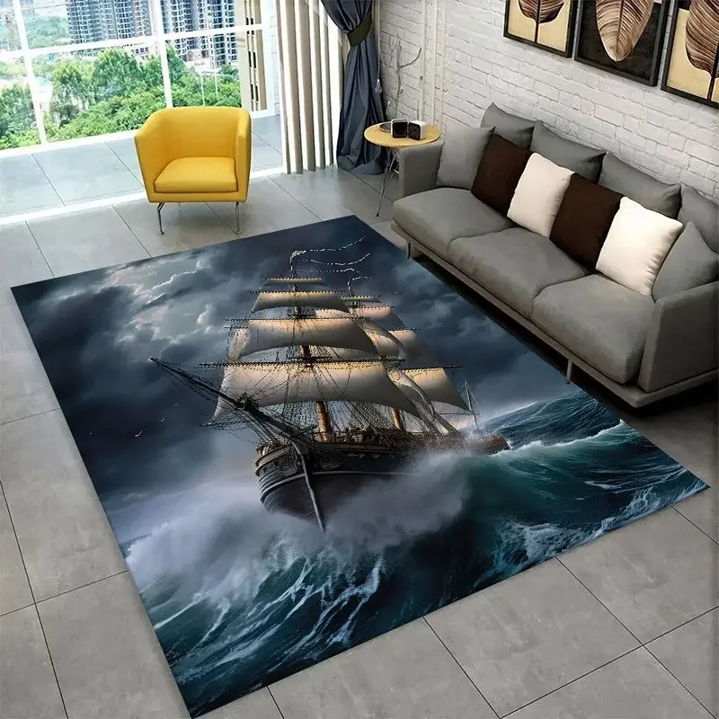 Storm Pirate Ship Boat Barque Large Area Rug Non-slip Durable Carpet for Bedroom Living Room Sofa Doormat Home Decor Floor Mat
