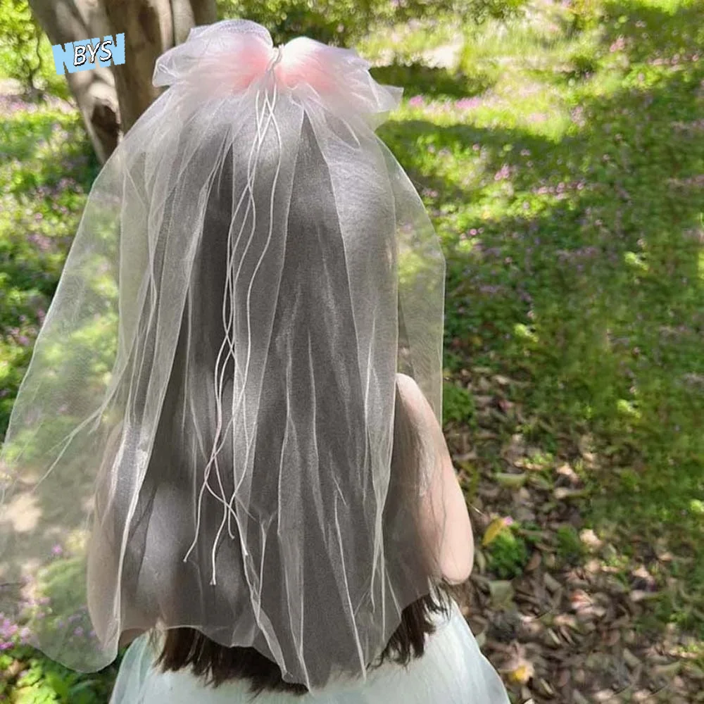 

Elegant Flowing Bow Veil Hair Hoop Polyester Beige Girls Head Gauze Pink Headband Bridal Tulle Birthday Headdress