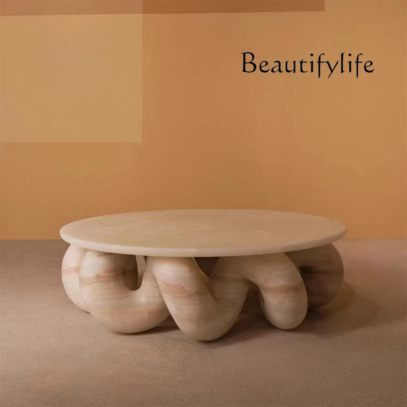 Italian natural marble coffee table designer villa living room household light luxury side table small round stool