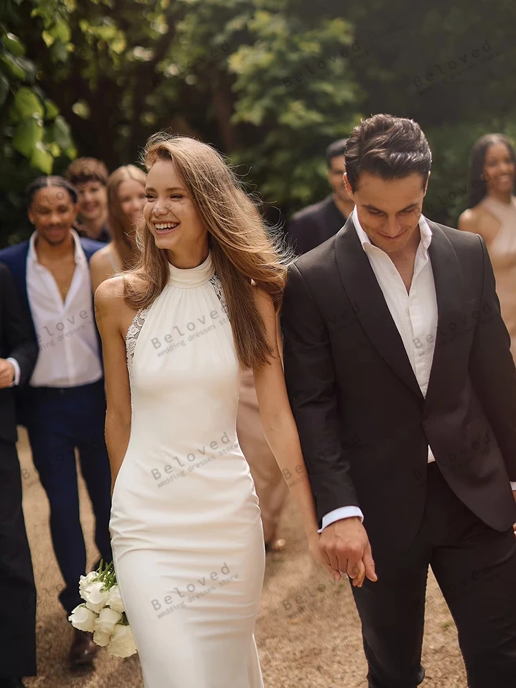 فساتين الزفاف الحديثة الساتان زي العرائس الدانتيل زينة بلا أكمام عارية الذراعين الجلباب براقة Vestidos De Novia مخصصة 2025