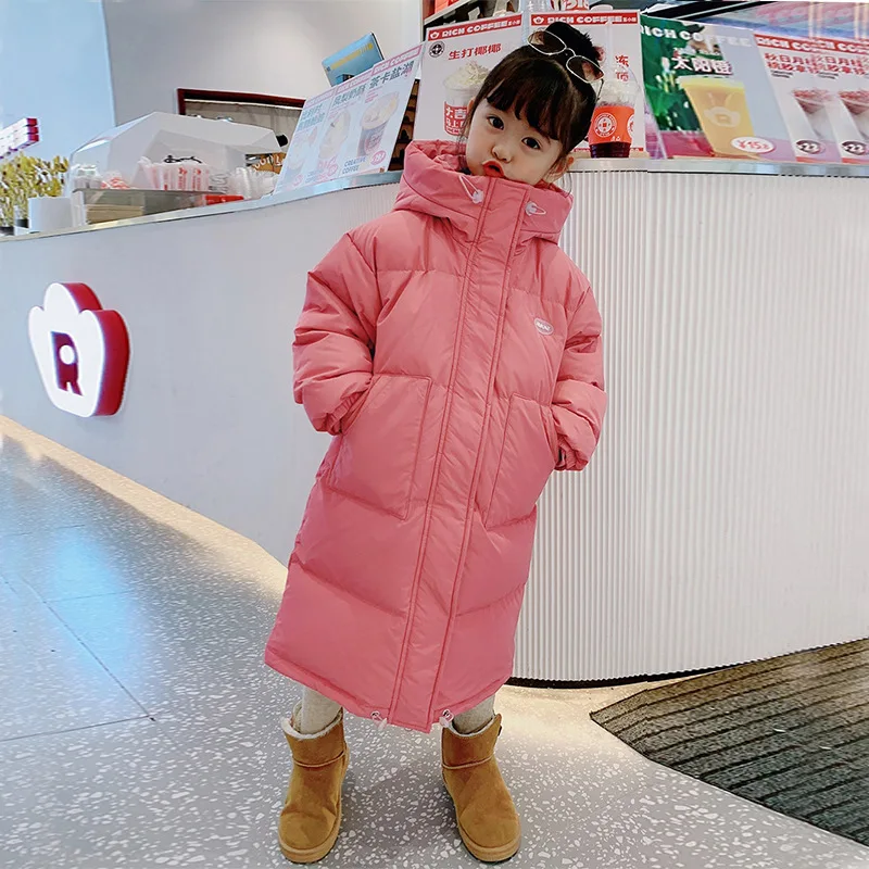 2025 novo inverno meninas para baixo jaqueta estilo longo cor sólida moda parka casaco com capuz zíper outerwear presente de aniversário crianças roupas