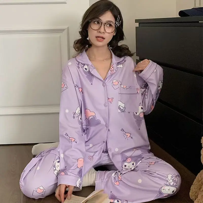 Sanrios Cinnamoroll Pyjama Vrouwen Lente Herfst Anime Hello Kitty Zomer Lange Mouw Dunne Cartoon Leuke Thuis Kleding Pak Katoen