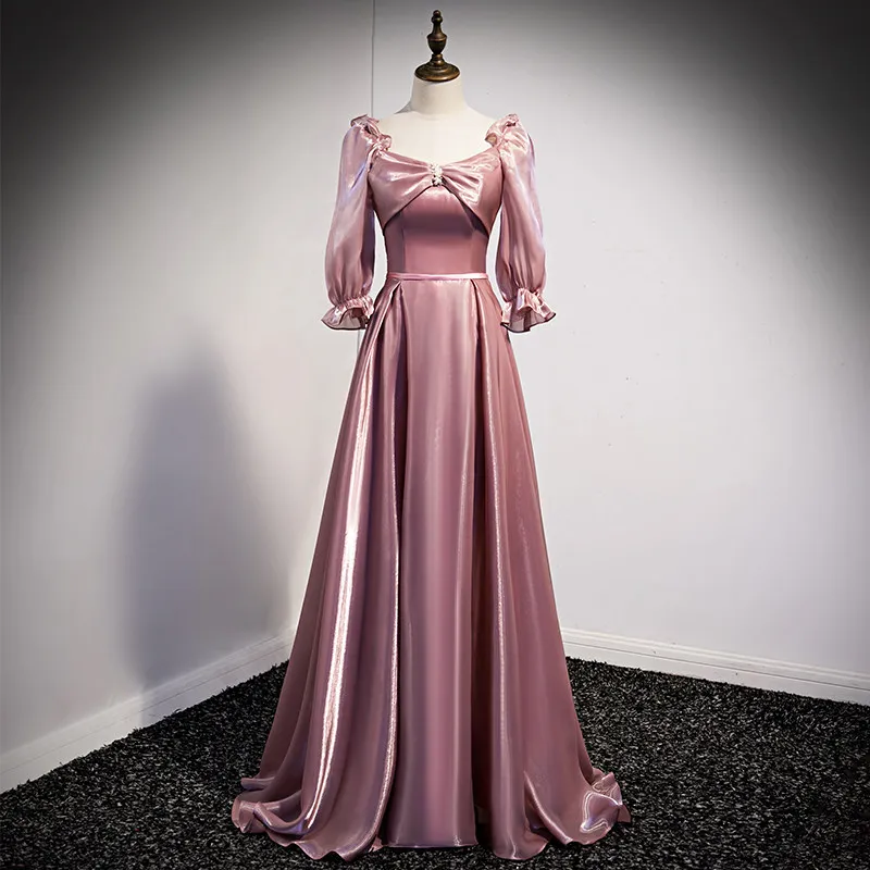 

Pink Fashion Evening Dress Simple Empire Half Sleeves Floor-Length Lace Up Pleat A-Line Satin Party Formal Dresses Woman B1551