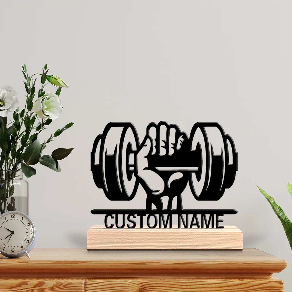1pc Romantic Personalized Custom Fitness Dumbbells Metal Statues Symbolic Desk Decor with Wooden Base Perfect for New Home