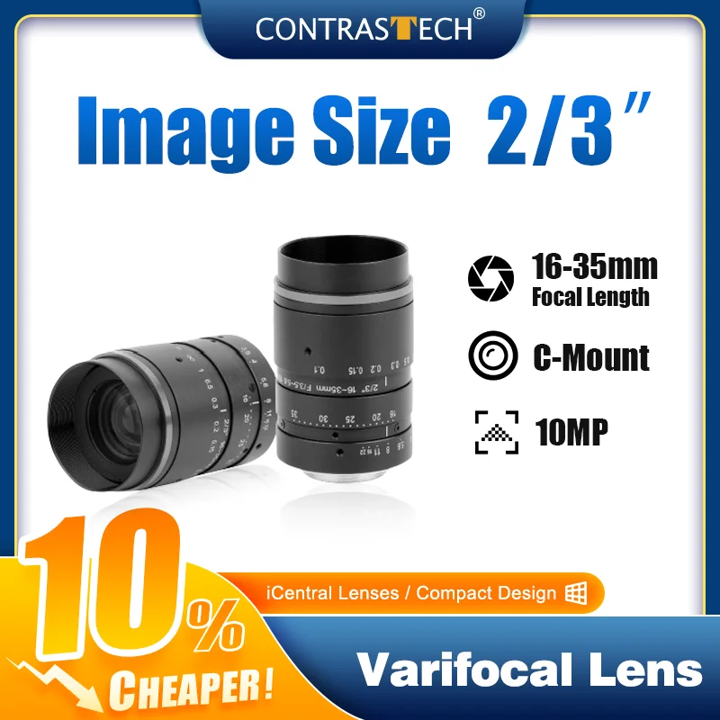 

Low Cost 2/3" 10MP Low Distortion 8/12/16/50mm C Mount Inspection Lens for Accurate Imaging Contrastech