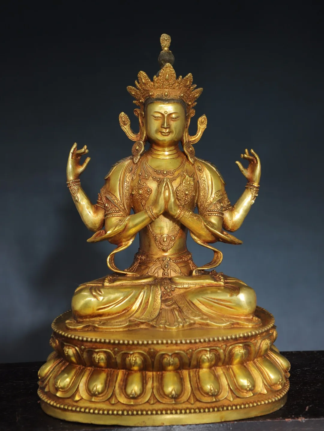 

15"Tibetan Temple Collection Old Bronze Gilded Cinnabar Four armed Guanyin Sitting Buddha Lotus Platform Worship Hall Town house