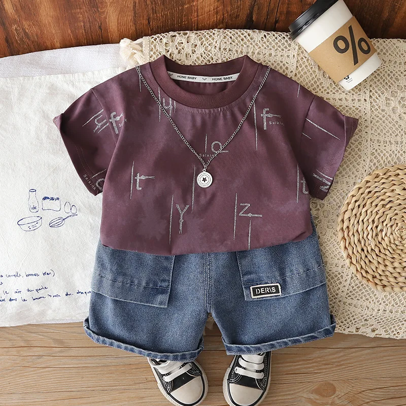 2026 Summer Toddler Boys 2pcs Clothes Set 1-5T Letter Print T-shirt Cargo Denim Shorts Kids Casual Trendy Outfits with Necklace