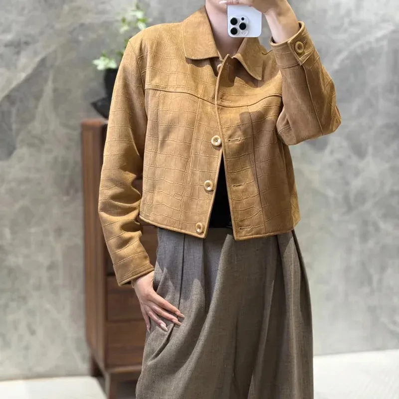 Giacca in pelle con motivo coccodrillo da donna 2025 Cappotto corto in vera pelle importata autunnale Taglio quadrato Ginger Slim Fit Haut Femme