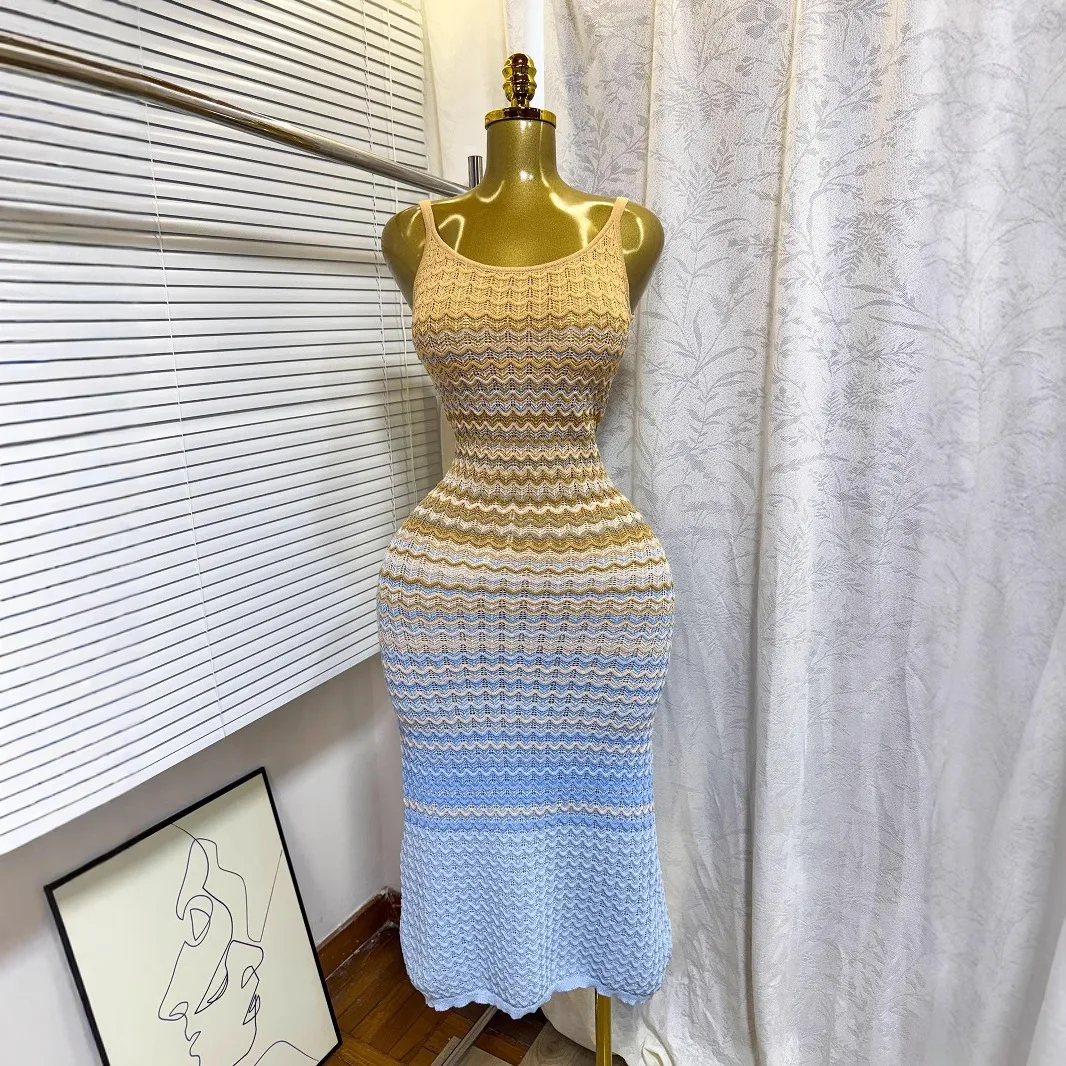 Sling Knitted Dress Women's Summer Vintage Gradient Wavy Slim-Fit Hip Dress Vestidos