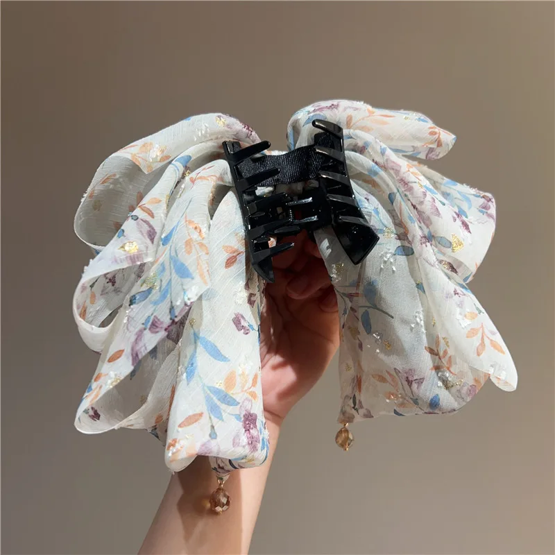 1pc ultra-faia floral laço malha rabo de cavalo garra clipe meio-up acessório de cabelo moda malha hairgrip para parte de trás da cabeça