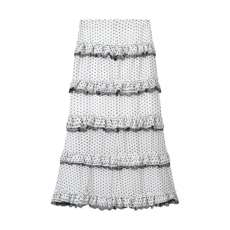 HKSH Women's Skirt French Style Elegant Fashion Polka Dot Lace Patchwork Ruffled Skirts V-Neck Buttons Spliced Short Top HK26332