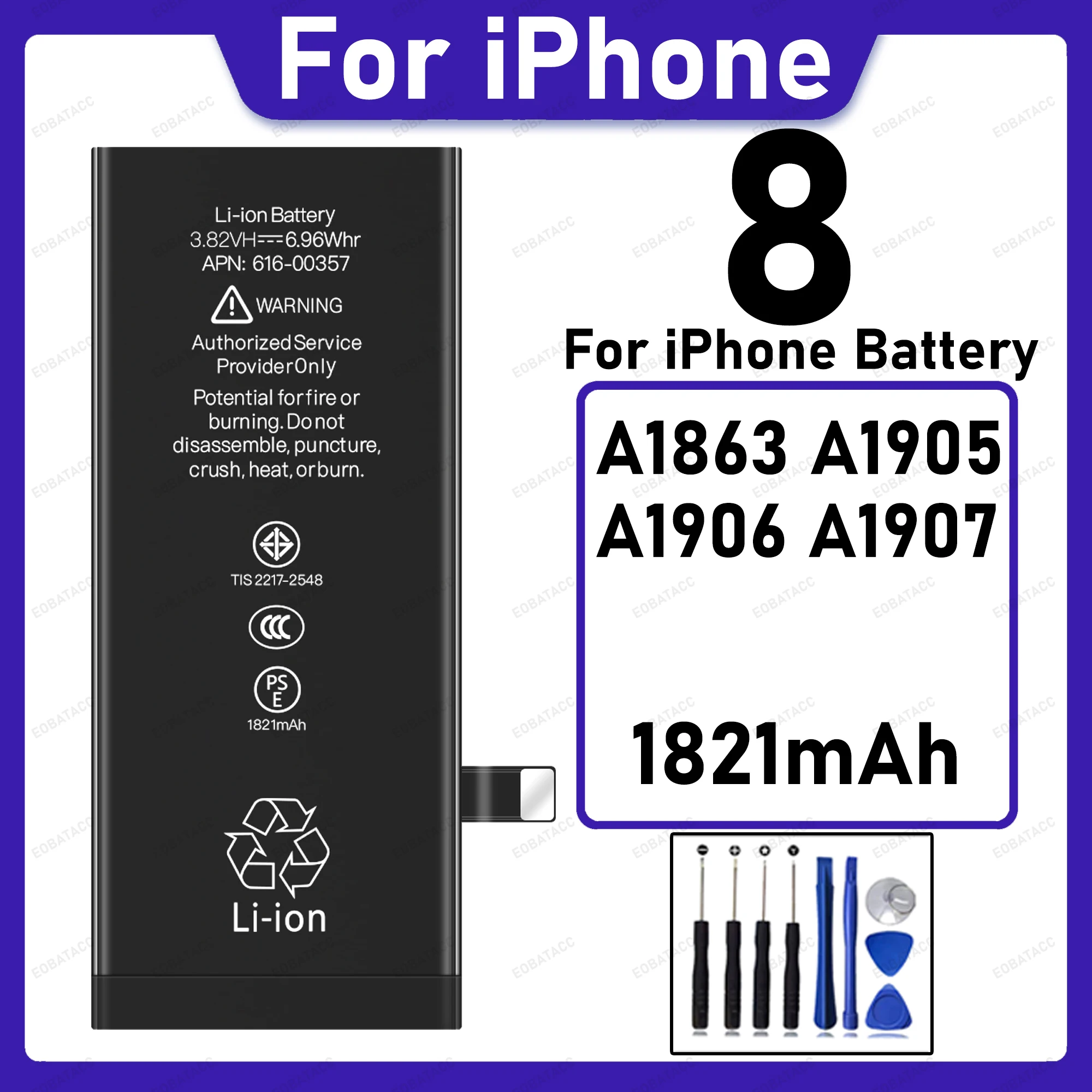 High Capacity Replacement Battery For iPhone 8 1821mAh A1863 A1905 A1906 A1907 Stable Safe Long Standby Phone Battery+Free Tools