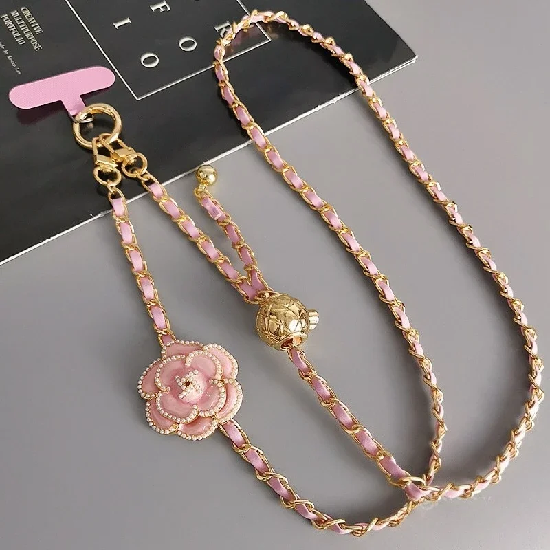 Adjustable  Round Ball CrossbodyTelescopic Buckle Camellia Lanyard Mobile Phone Lanyard Pickup Chain Neck Bag Metal Chain Mobile