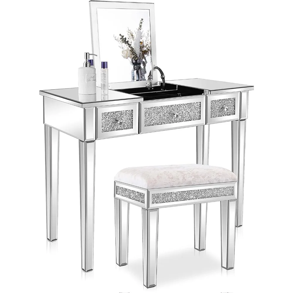 

Mirrored Vanity Desk with Drawers Bedroom Makeup Vanity Table Set & Mirror and Stool Flip Up Dressing Table Small Makeup Stand