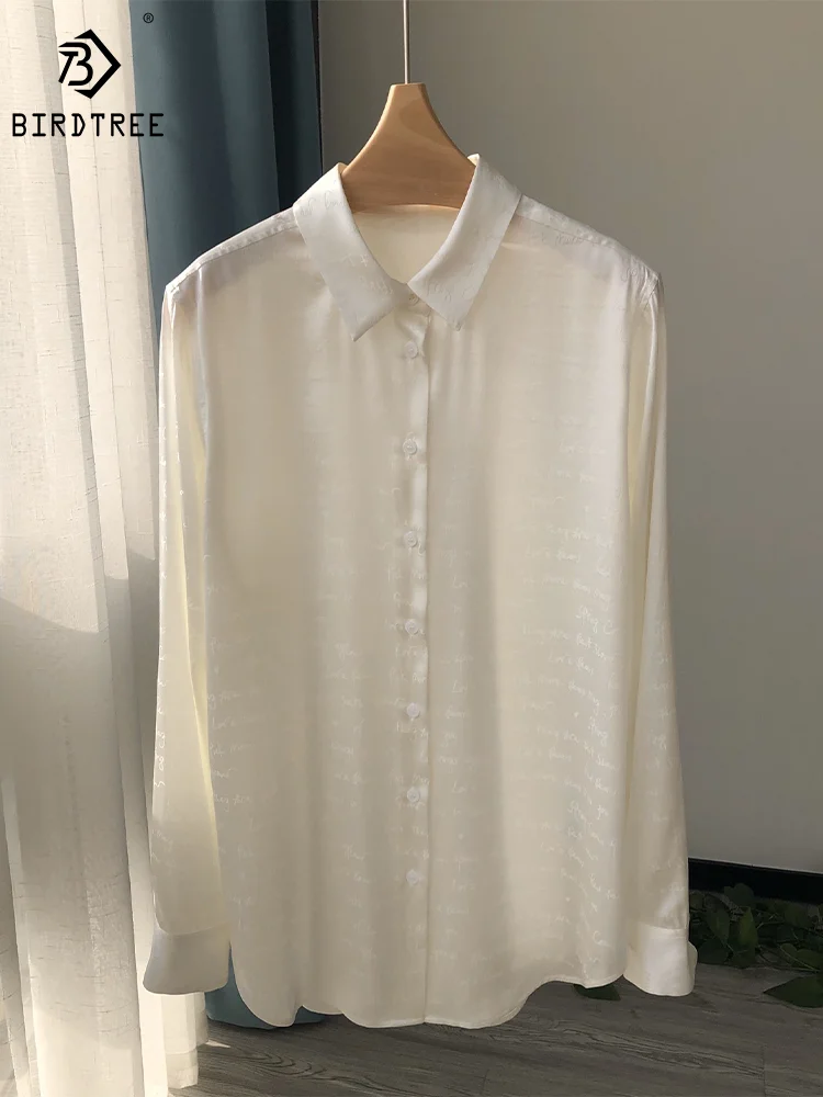 

Birdtree 94.3%Mulberry Silk New Shirts White Letter Jacquard Satin Shirt Heavyweight Summer New Blouses Elegant Tops T37948QM