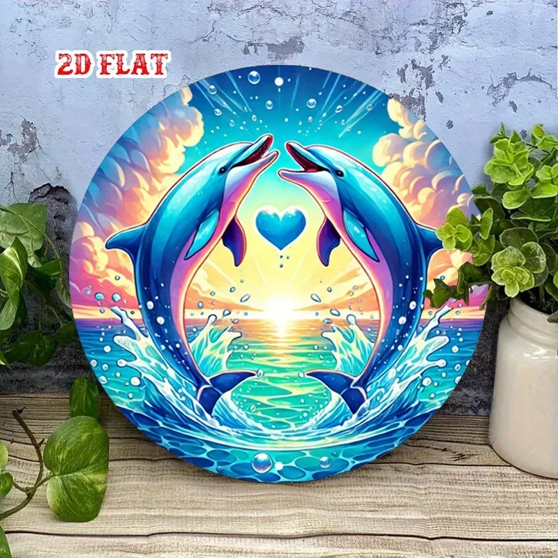 Round Aluminum Metal Sign 7.8x7.8in Dolphin Ocean Sunset Heart 2D Wall Decor for Home Garage