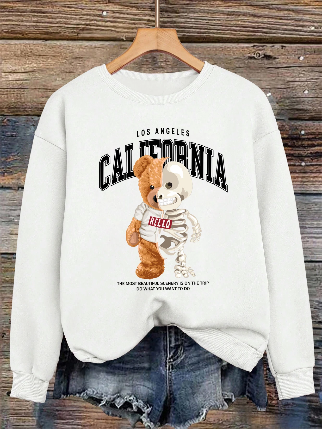 الهيكل العظمي الدب لوس أنجلوس إلكتروني طباعة المرأة البلوز Crewneck الخريف الملابس عارضة الركض رياضية فضفاضة كنزة صوف