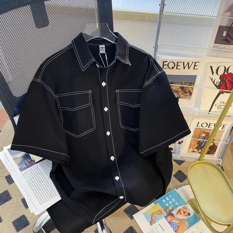 

Foufurieux Japanese Retro Short Sleeved Shirt for Men and Women Summer New Solid Half Sleeved Loose Casual Black Shirts Men Top