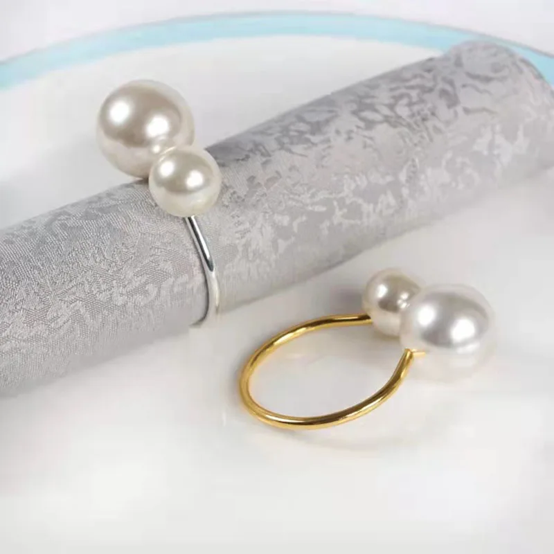 6pcs Elegant Pearls Napkin Rings U-Shaped Christening Bangle Metal Napkin Holder Wedding Gift Bridal Shower Decor Party Supplies