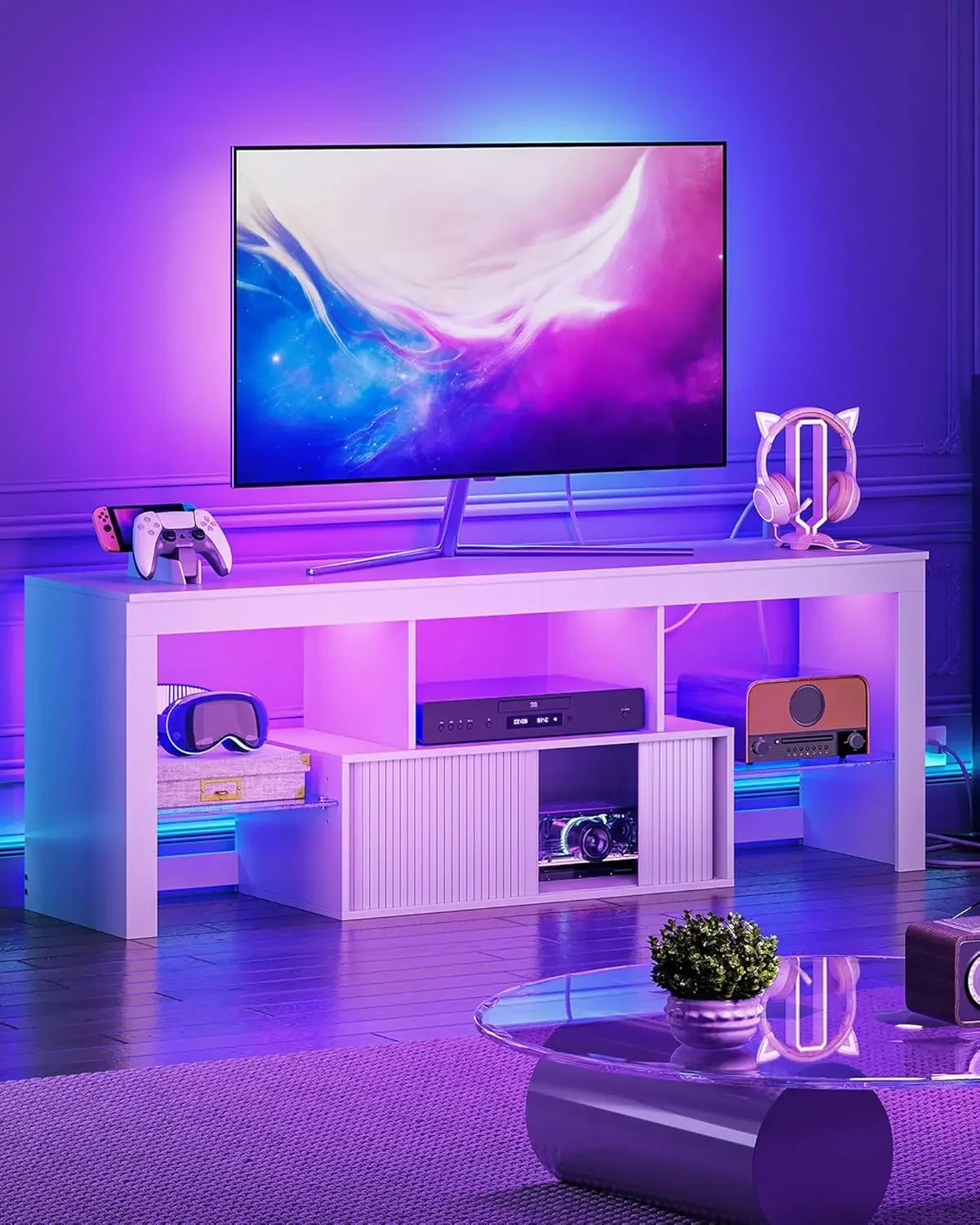 

TV Stand with Power Outlet, Modern TV Cabinet for 55 60 inch TVs, Media TV Console with LED Light Strip, Media Entertainment Cen