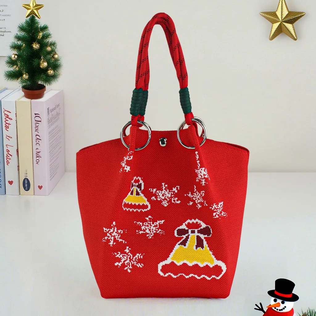Woven Shoulder Bag Medium Soft Women Shoulder Bag Christmas Theme Handbag Jacquard Christmas Knitted Bag For Holiday Gathering