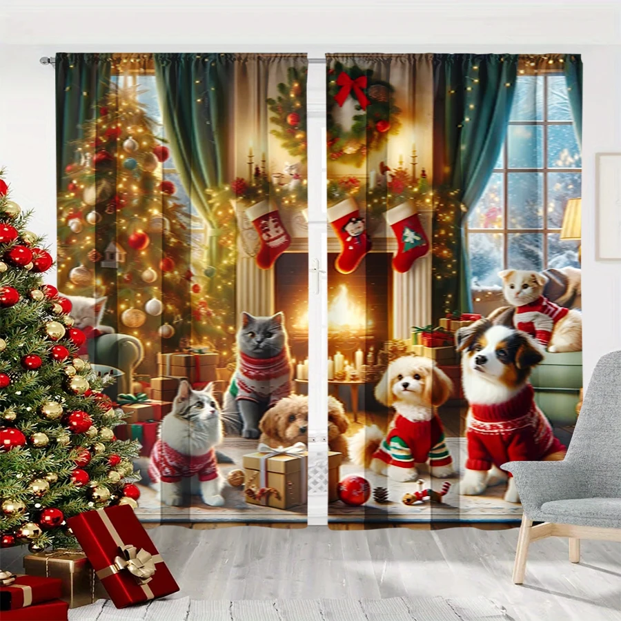 2PCS Christmas Winter Curtains, Cozy Pet Dog Cat Sweater Fireplace Tree Gift, Digital Print, Bedroom Living Room, Home Decor