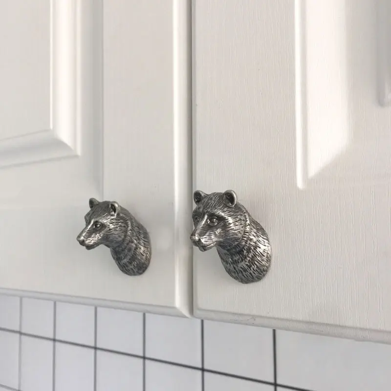 Antique Sliver Bear Design Cabinet Handles Kitchen Drawer Door Knobs Wardrobe Pulls Pewter Alloy Vintage Furniture Hardware