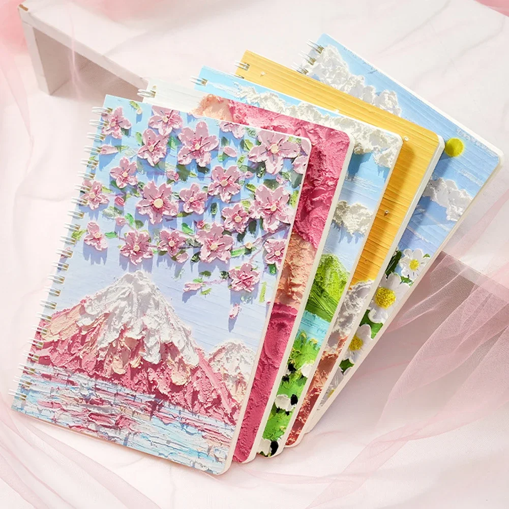 A5 Coil Lined Notebook 60 Sheets Kawaii Japanese Oil Painting Coil Spiral Lined Notebook Stationery School Supplies for Students