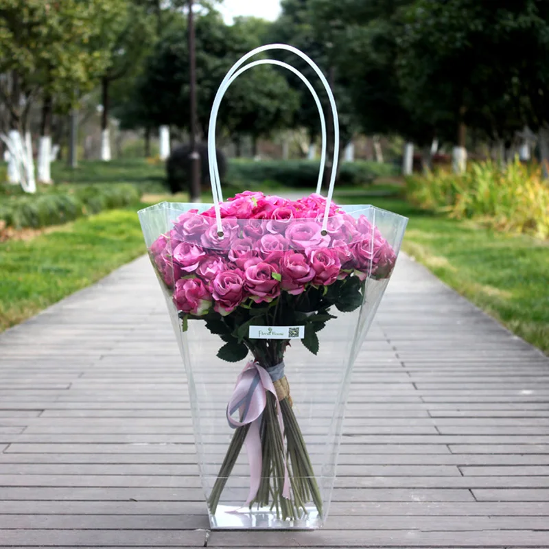 Mothers Day Transparent Portable Flower Box Bouquet PET Packaging Bag With Handle Gift Container Handbag Wedding Party Decor 1PC